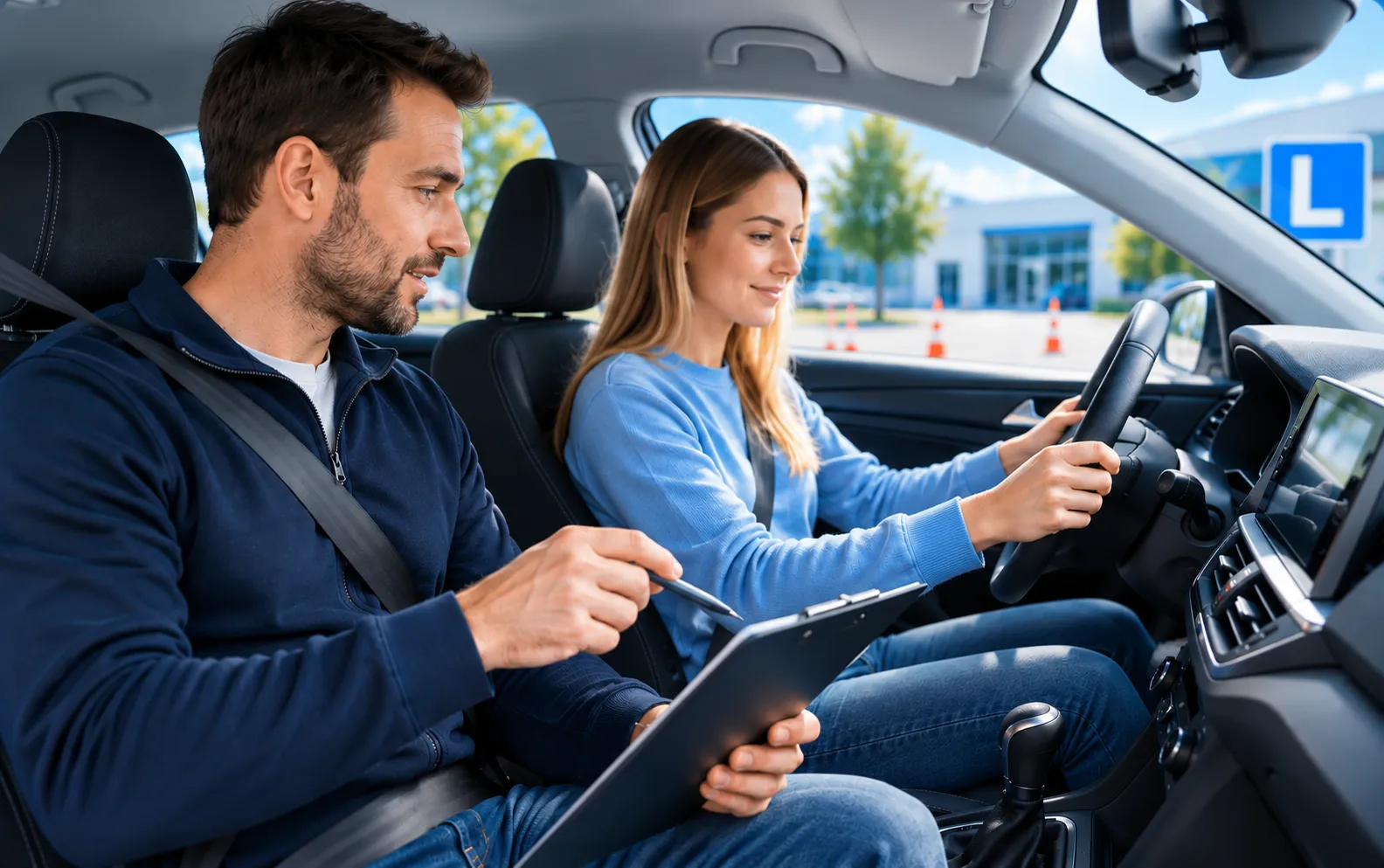 Fahrlehrer begleitet eine Fahrschülerin während einer Fahrstunde