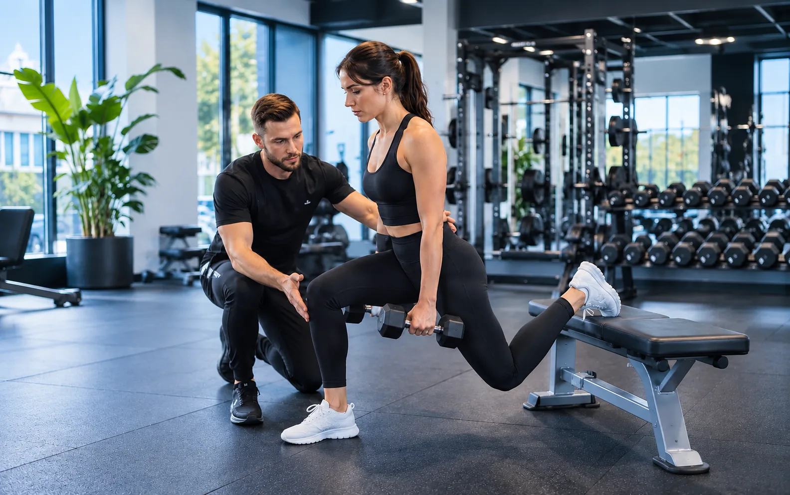 Personal Trainer begleitet eine Kundin bei einer Übung im Fitnessstudio