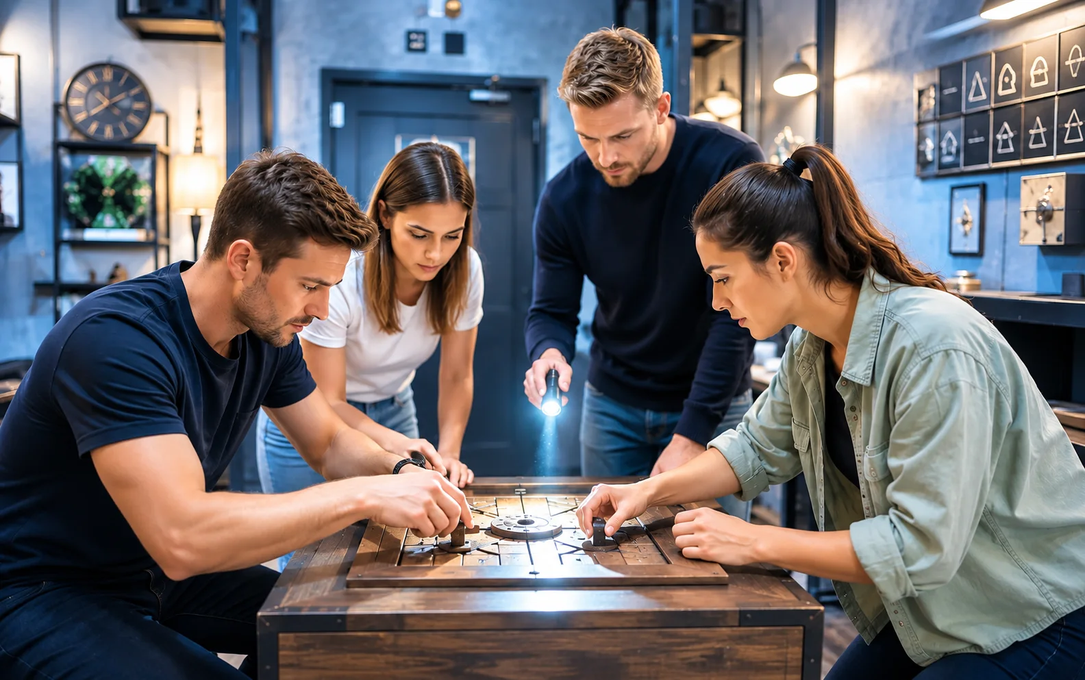 Gruppe löst gemeinsam ein Rätsel in einem Escape Room