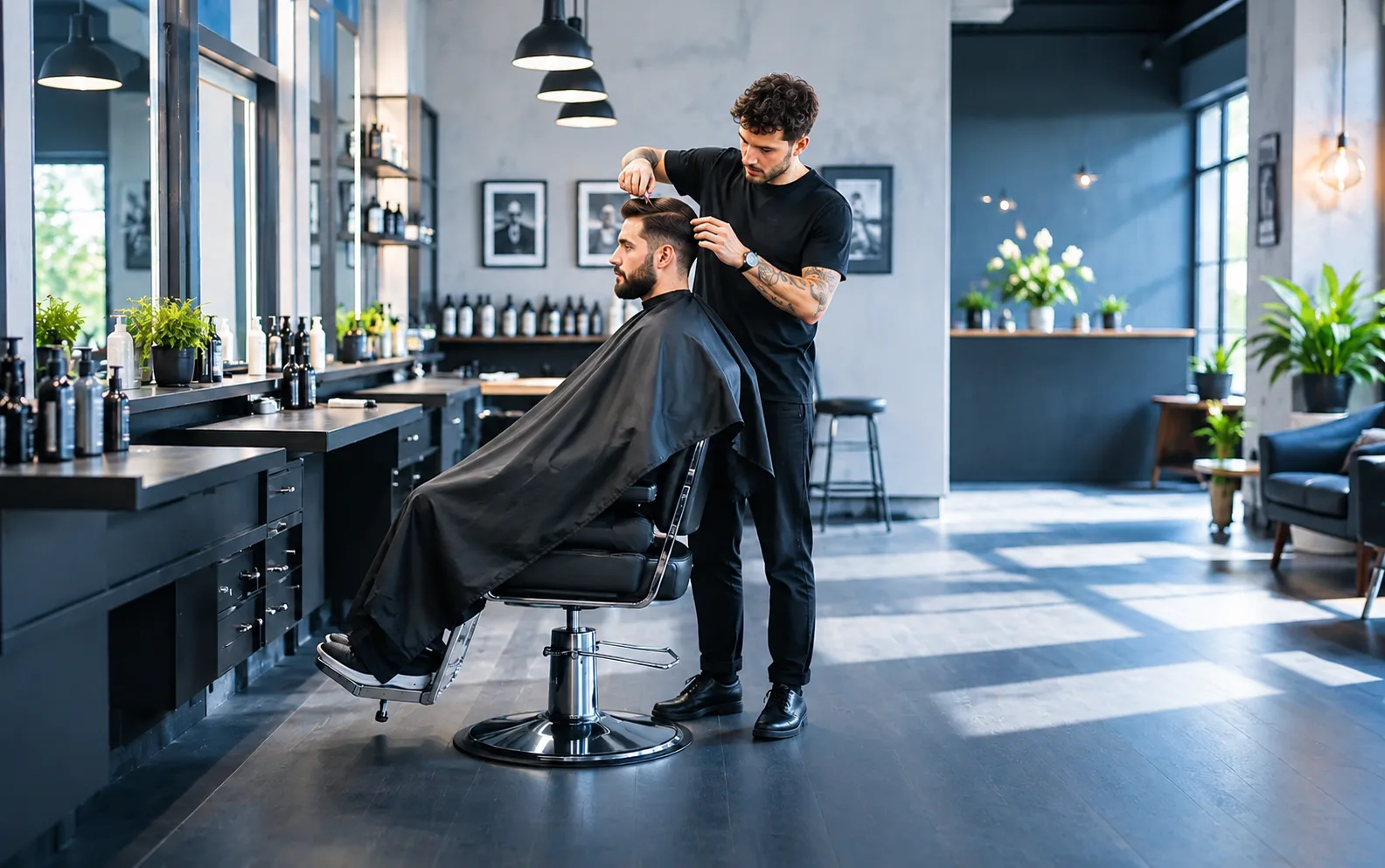 Friseur schneidet einem Kunden in einem modernen Salon die Haare