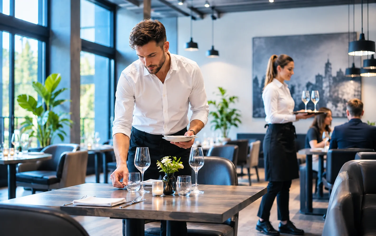 Servicemitarbeiter bereitet einen Tisch in einem Restaurant für Gäste vor